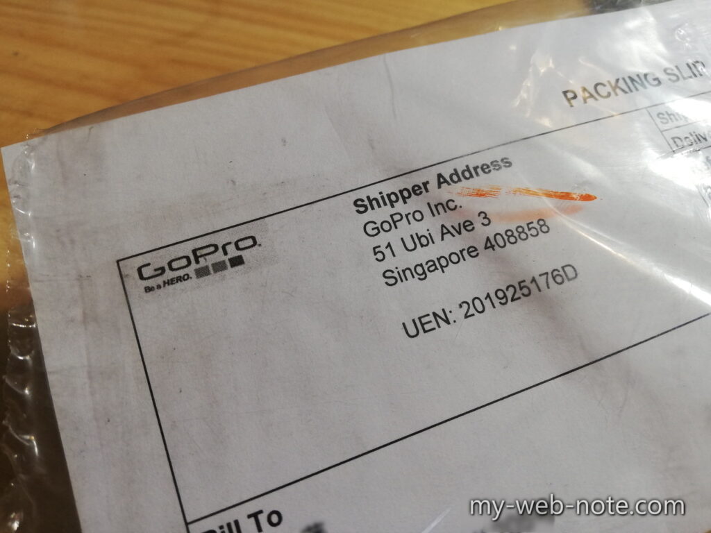 GoPro公式で購入したGoProの伝票