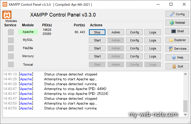 確認：XAMPPでApacheのダッシュボードとphpinfoを開く