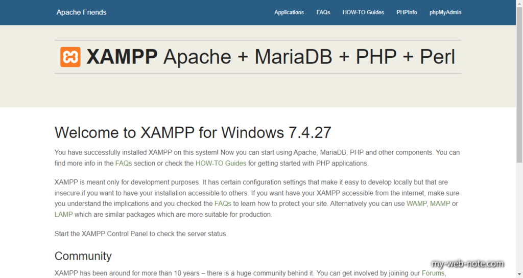 確認：XAMPPでApacheのダッシュボードとphpinfoを開く